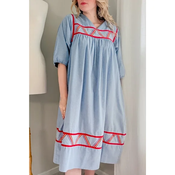 70s Blue Krist Gudnason for Rainbow Trim Cotton 1970s Vintage Midi Shift Dress - Picture 4 of 15